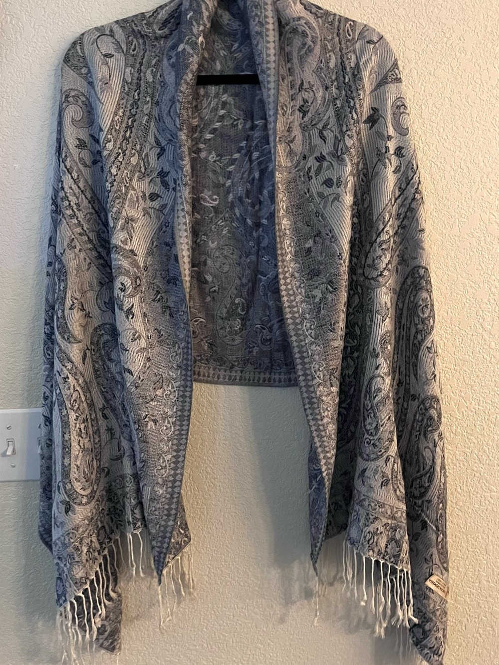 Vintage Women's Blue and Beige Paisley Fringe Shawl